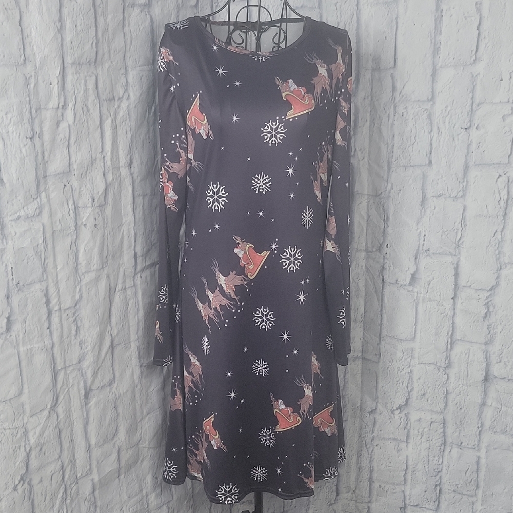 Vessos Festive Blue Dress with‎ Santa and Snowflake Print Medium NWT